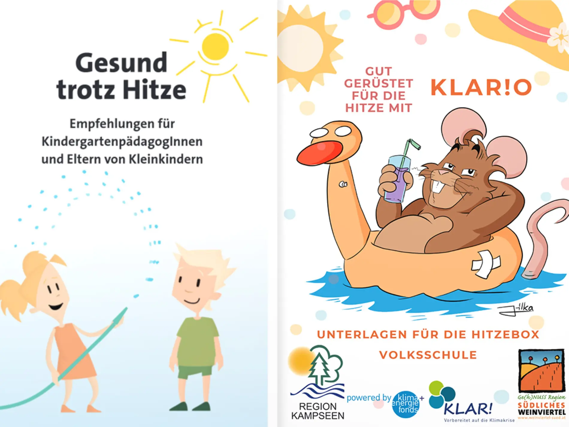 Collage aus zwei Broschüren im Rahmen der Kampagne "Gut gerüstet für die Hitze" der KLAR! Kampsee und der KLAR! Südliches Weinviertel. Zum einen eine Unterlage für die Hitzebox Volksschule und zum andere die Broschüre "Gesund trotz Hitze" des Umweltbundesamtes.