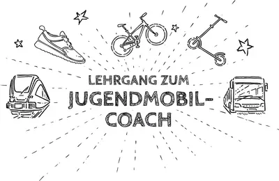 In der Mitte steht in Großbuchstaben "Lehrgang zum Jugendmobil-Coach". Rundherum sind Illustrationen von Zug, Bus, ein Schuh, ein Rad und einem Roller zu sehen.