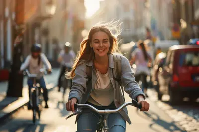 Eine Frau fährt mit dem Fahrrad in einer Stadt. Dahinter ist eine weitere Radfahrerin zu sehen. Sie selbst trägt Jeans, ein T-Shirt und darüber eine Jacke.