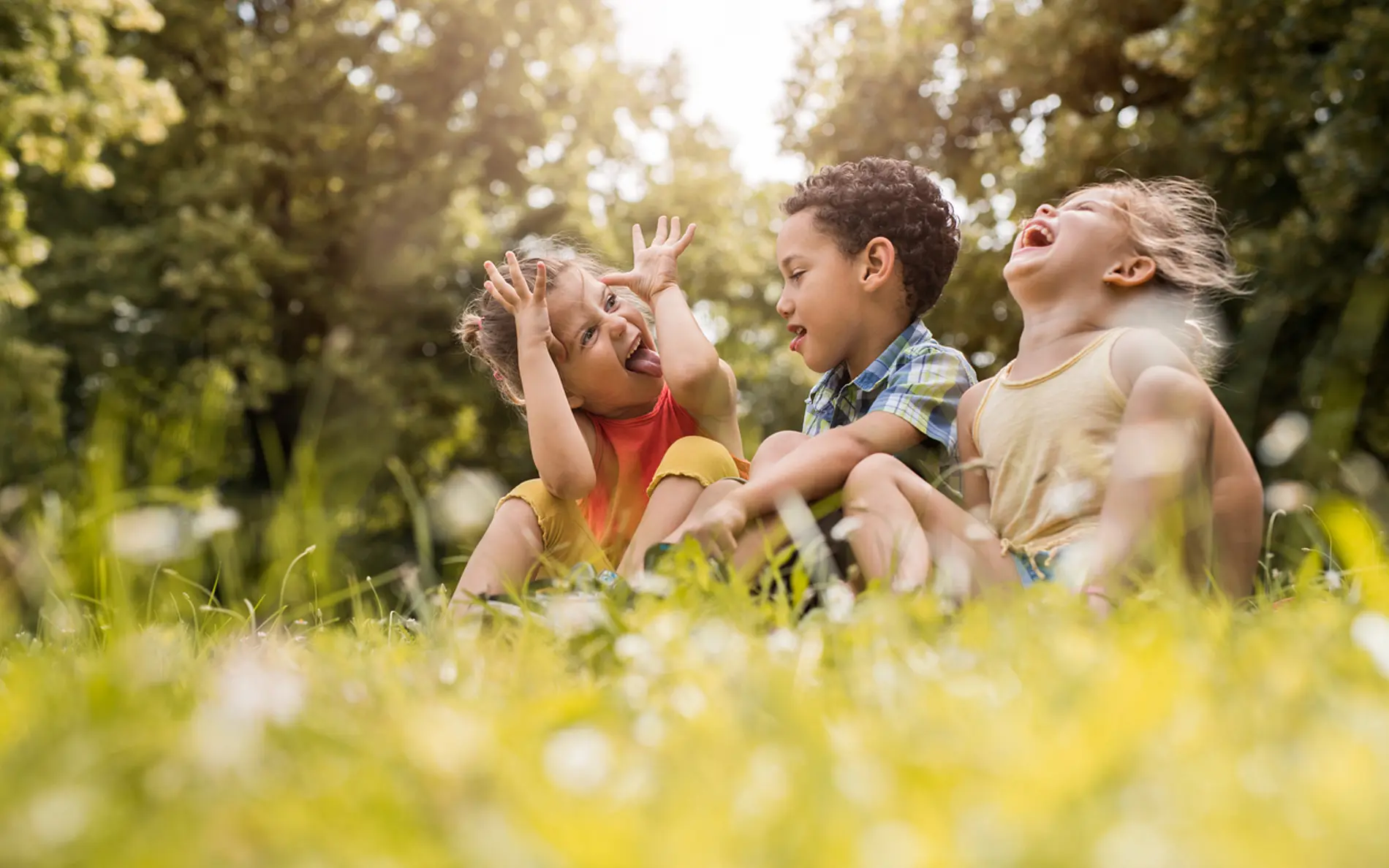 Drei Kinder sitzen auf einer Wiese in einem Park oder Garten. Das Foto wurde aus niedriger Perspektive aufgenommen, sodass Gräser und kleine Blüten im Vordergrund unscharf zu sehen sind. Eines der Kinder trägt ein rotes Oberteil und hebt die Hände neben den Kopf, während die Zunge herausgestreckt ist. Die beiden anderen Kinder sitzen daneben und sind dem Kind zugewandt.  Im Hintergrund befinden sich zahlreiche Bäume und Sträucher mit dichtem, grünem Laub. Warmes Sonnenlicht fällt durch die Baumkronen und erzeugt helle Lichtreflexe sowie eine sommerliche Atmosphäre. Die Szene zeigt Kinder beim gemeinsamen Spielen im Freien in einer naturnahen Umgebung. 