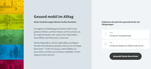 Ansicht des Online-Gesundheitsroutenplaners. Jemand tippt gerade die Route mit Start und Ziel ein.