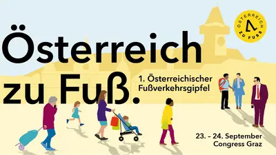 Österreich zu Fuß Banner mit gehenden Menschen. Der Banner ist gezeichnet. Eine Person zieht einen Trolley, eine andere schiebt einen Kinderwagen, rechts unterhalten sich Menschen.