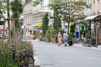 Ein Foto der Mariahilfer-Straße in Wien mit gehenden Personen und Begrünung am Rand