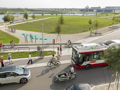 Ansicht von oben über eine Straße mit anliegendem Gehweg und Radweg. Zu sehen sind Räder, ein Transportrad, Bus, Elektroauto, viele zu Fuß gehende