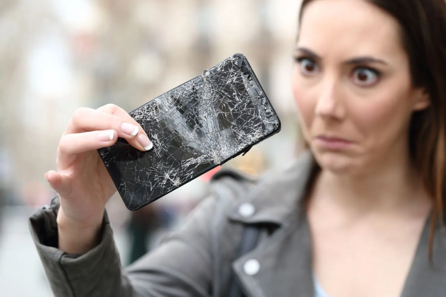 Kaputtes Handy Frau hält Handy mit kaputtem Display in der Hand
