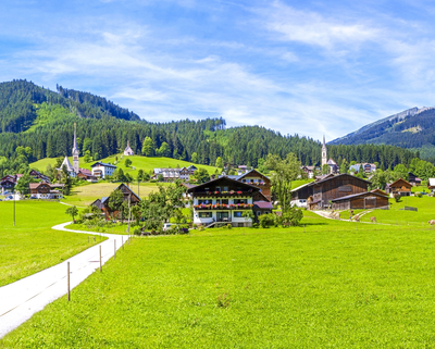 Eine Gemeinde in den Bergen mit Wiese im Vordergrund und Wald im Hintergrund