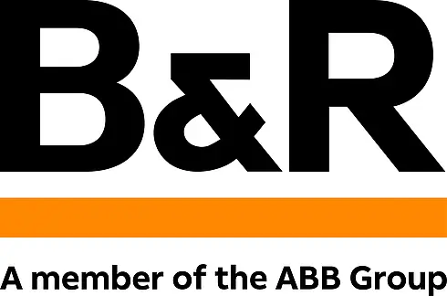 B&R Logo. Schwarze Schrift auf weißem Grund mit orange-färbigem Unterstrich.