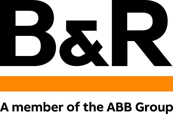 B&R Logo. Schwarze Schrift auf weißem Grund mit orange-färbigem Unterstrich.