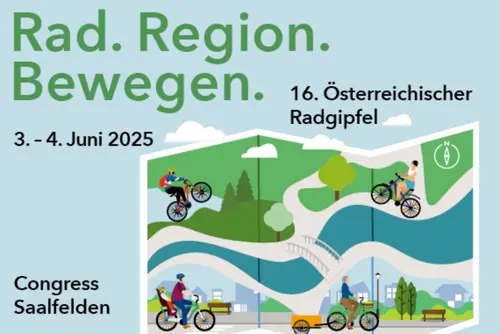 Grafik mit dem Titel "Rad. Region. Bewegen". Darauf abgebildet sind Illustrationen von verschiedenen Radmodellen
