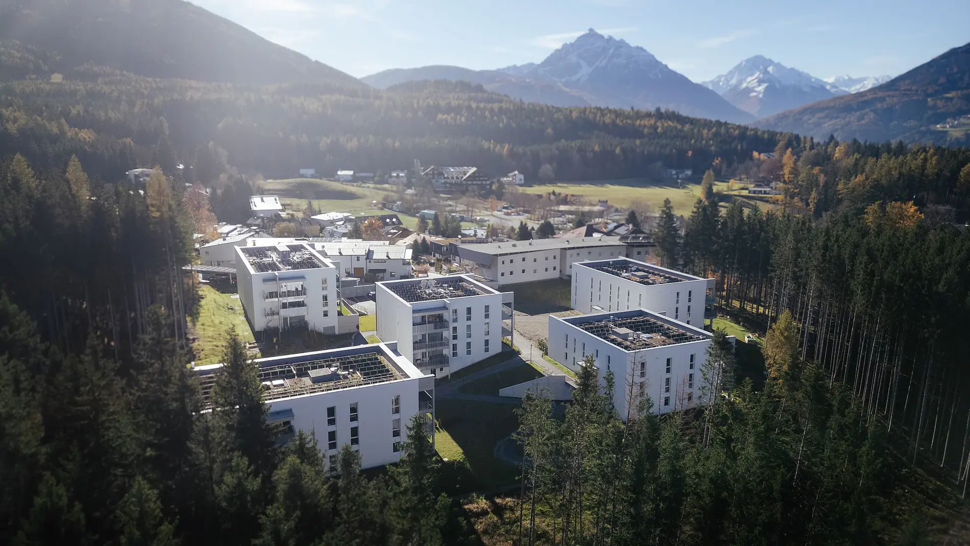 Wohnanlage Am Bichl mit Solaranlagen auf den Dächern inmitten eines Waldgebiets vor einer Bergkulisse.
