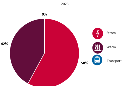 Abbildung 1: Aufteilung Gesamtenergieverbrauch in die Bereiche Strom, Wärme und Transport 2023