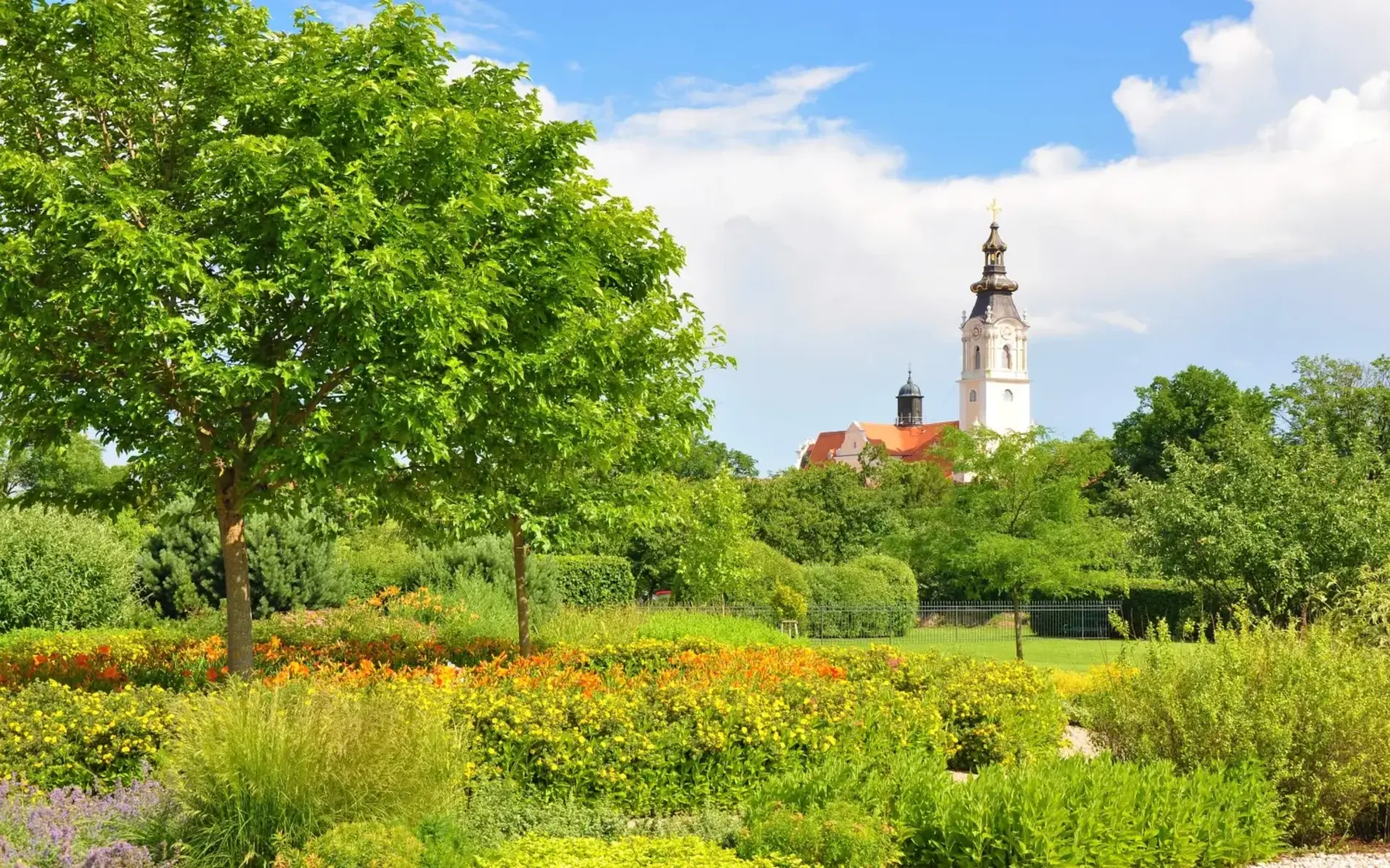 eine grüne Wiese mit Bäumen, im Hintergrund das Stift Altenburg