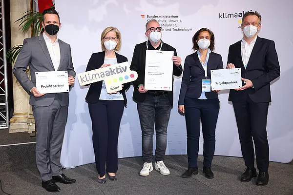 v.l.n.r.: Michael Nendwich, Leonore Gewessler, Rainer Candido, Tatjana Baborek, Markus Raml