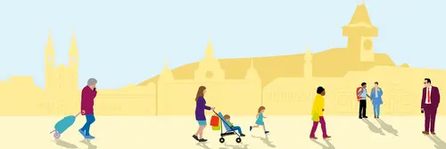 Illustration von Graz, man sieht im Hintergrund den Uhrturm als Wahrzeichen. Vorne gehen mehrere Personen vorbeii mit Trolley, Kinderwägen, Jung wie Alt