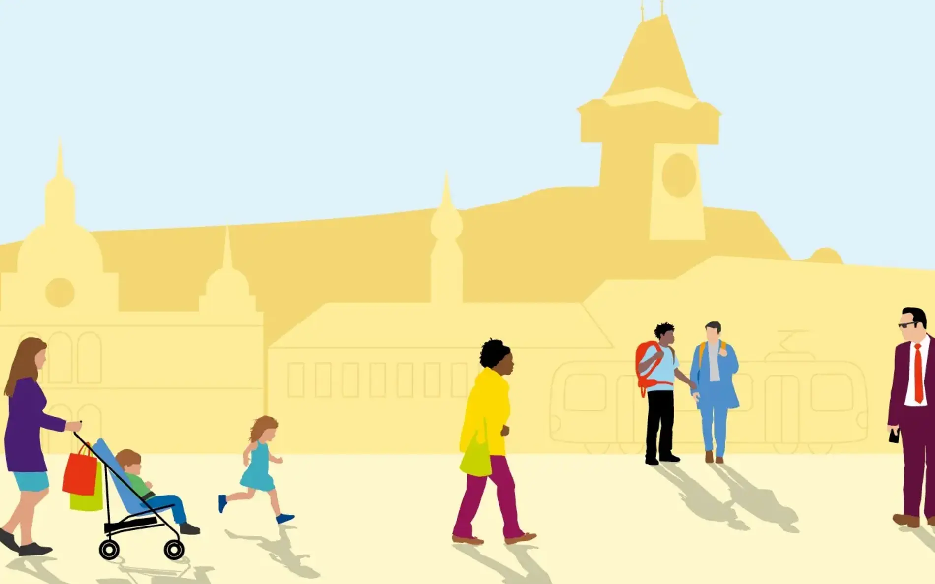 Illustration von Graz, man sieht im Hintergrund den Uhrturm als Wahrzeichen. Vorne gehen mehrere Personen vorbeii mit Trolley, Kinderwägen, Jung wie Alt