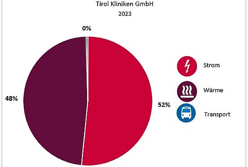 Anteile am Gesamtenergieverbrauch: Strom 52 Prozent, Wärme 48 Prozent, Transport 0 Prozent